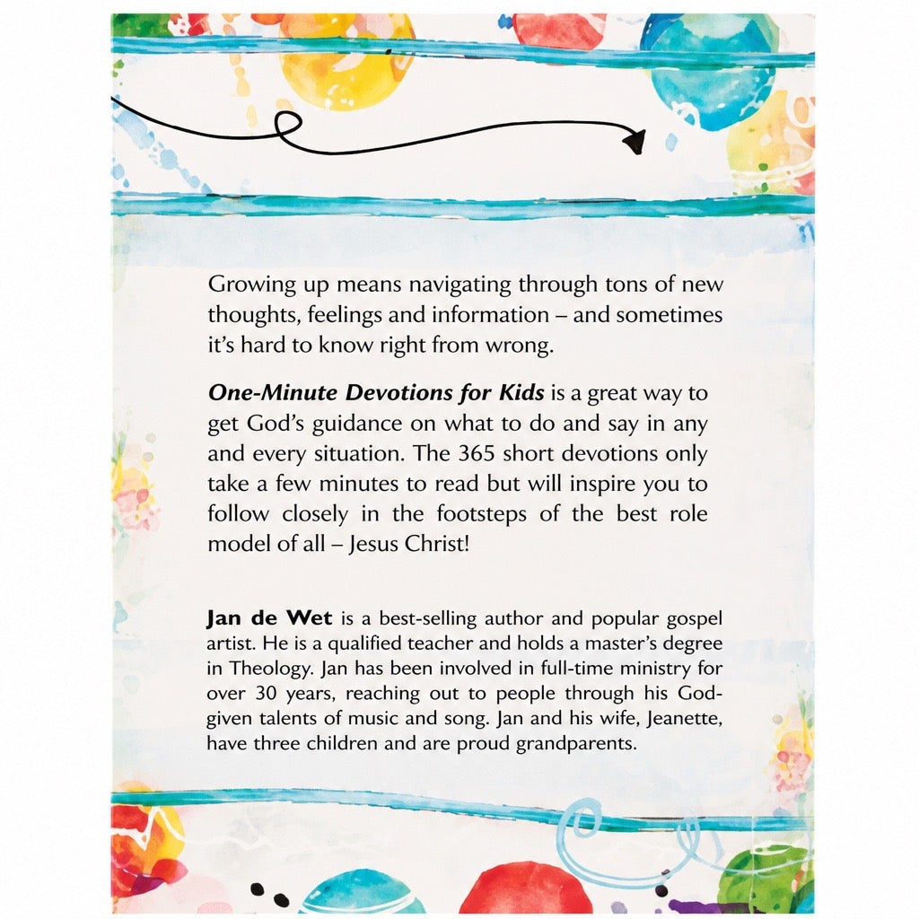 One-Minute Devotions for Kids back cover with description by Jan de Wet
