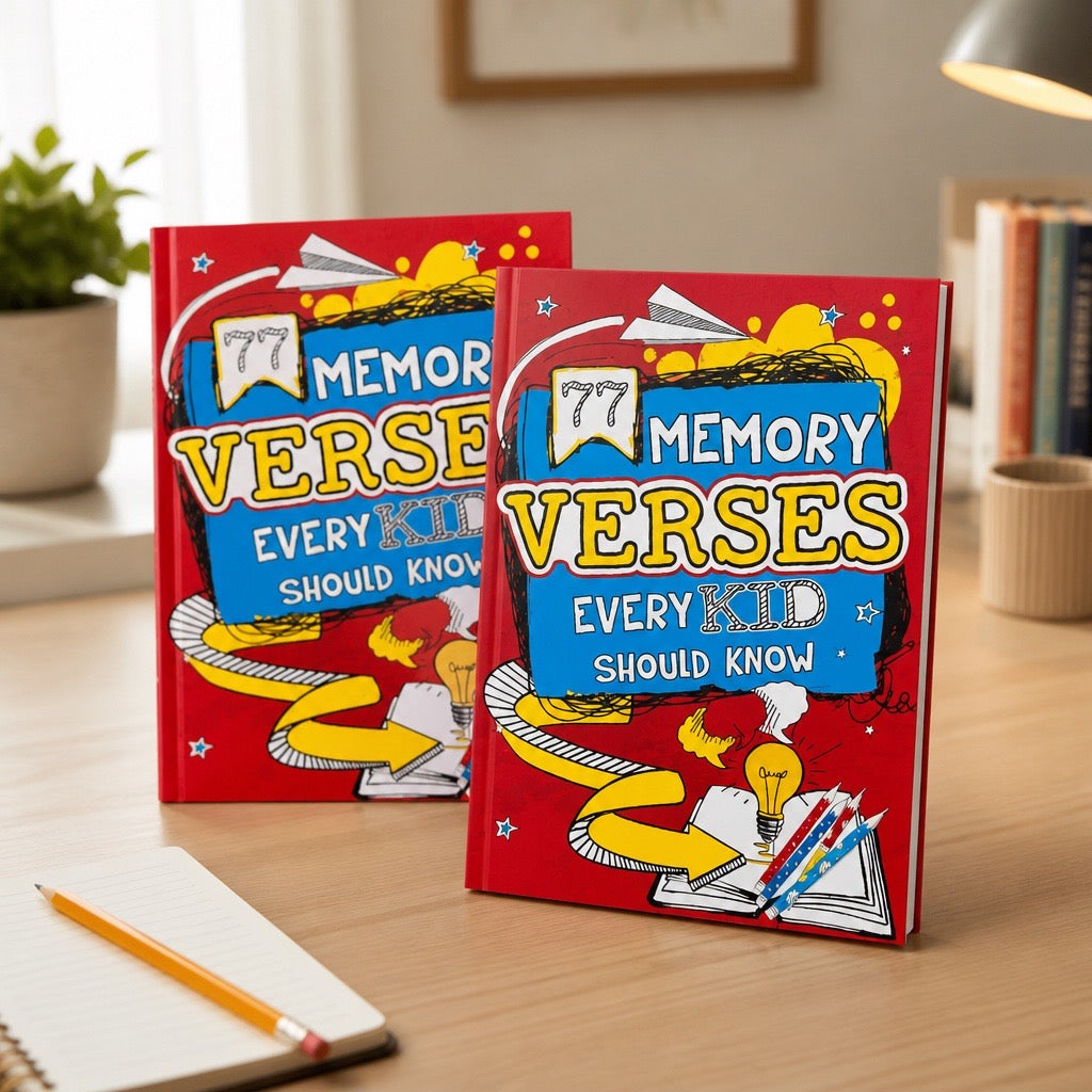 77 Memory Verses Every Kid Should Know red hardcover book front view