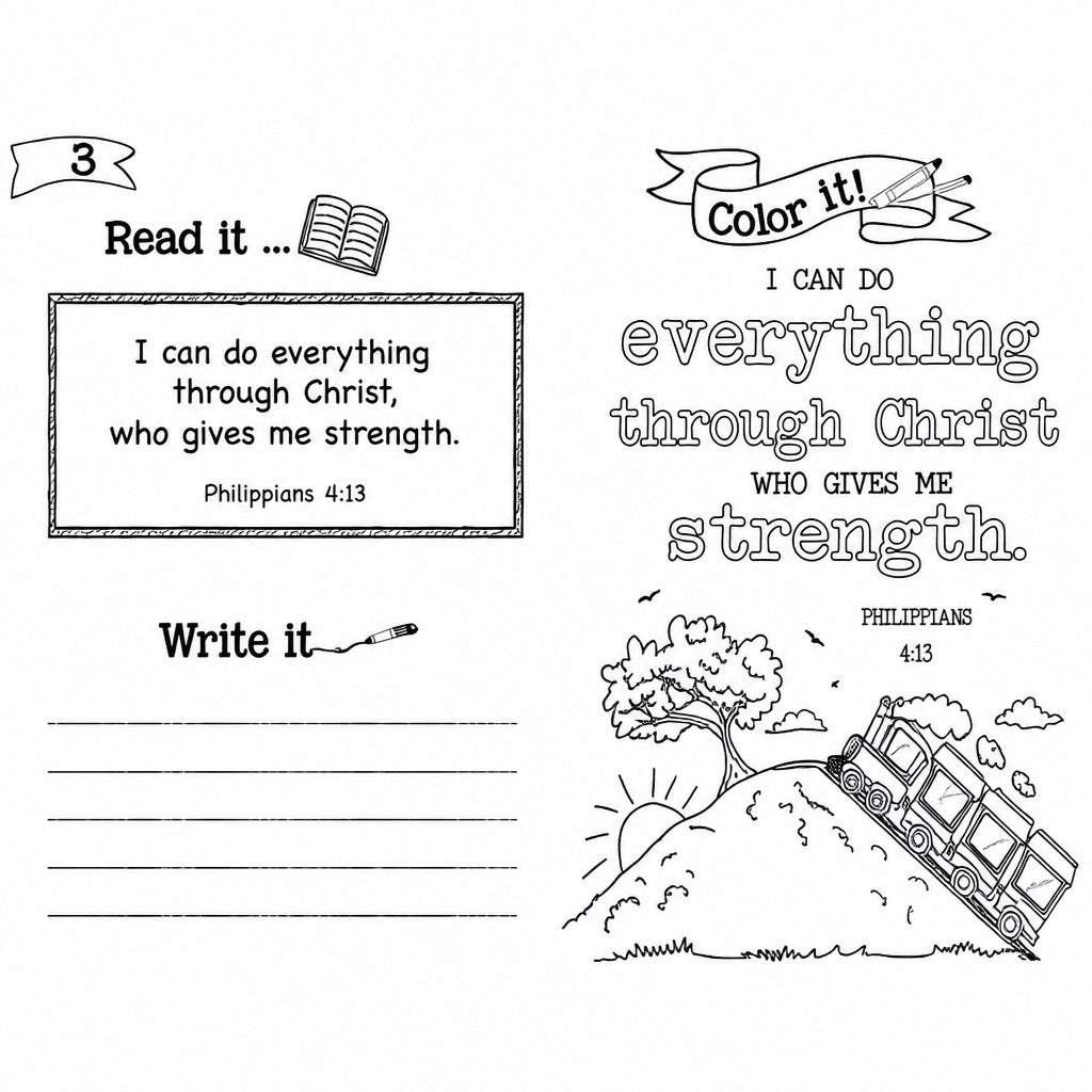 77 Memory Verses Every Kid Should Know inside page showing Philippians 4:13 read write and colour activity