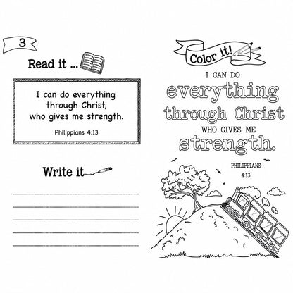 77 Memory Verses Every Kid Should Know inside page showing Philippians 4:13 read write and colour activity
