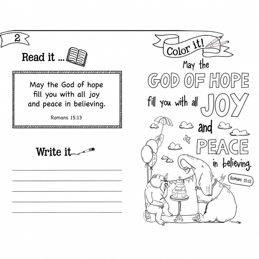 77 Memory Verses Every Kid Should Know inside page showing Romans 15:13 read write and colour activity