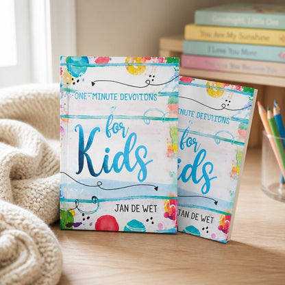 One-Minute Devotions for Kids by Jan de Wet front and back cover colourful watercolour design