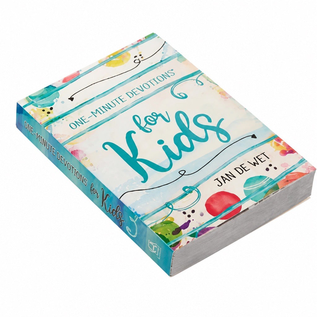 One-Minute Devotions for Kids 3D book lying flat showing spine and cover
