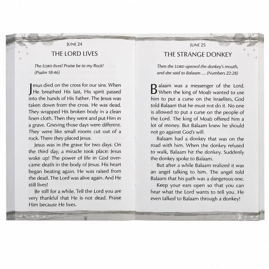 One-Minute Devotions for Kids inside spread showing June 24 and June 25 devotions